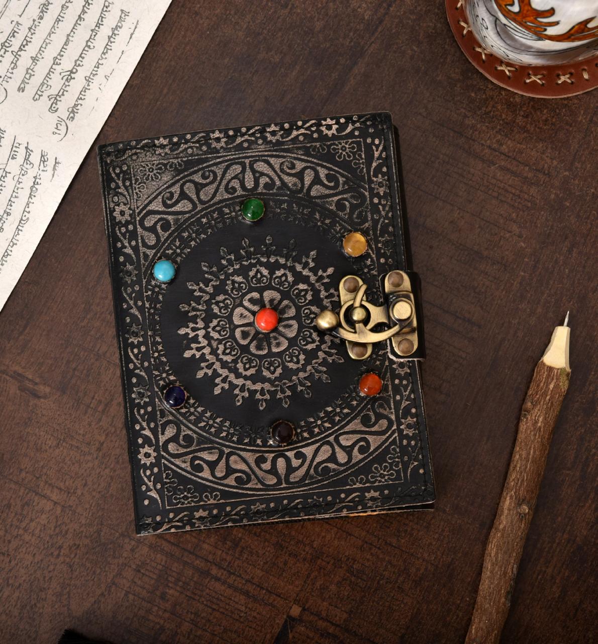 Black Circular Embossed 7 Stone Chakra Handmade Paper Notebook Leather Journal | Personalised Gift for Women & Men | Birthday, Wedding & Anniversary Gifts