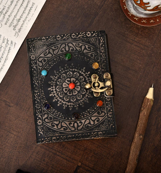 Black Circular Embossed 7 Stone Chakra Handmade Paper Notebook Leather Journal | Personalised Gift for Women & Men | Birthday, Wedding & Anniversary Gifts